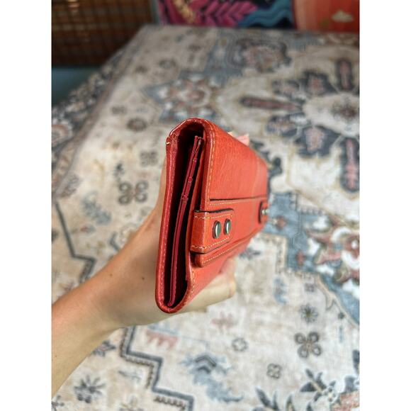 Fossil Leather Tri Fold Wallet Y2k Genuine Leather Pocket Book Coral Red - Picture 8 of 8